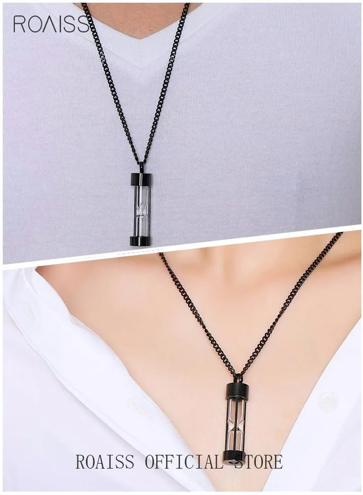 Hourglass Perfume Bottle Pendant Necklace Titanium Steel Jewelry Sealed Glass Locket Stainless Steel Timeless Charm Memorial Gift for Men Women Couples Black