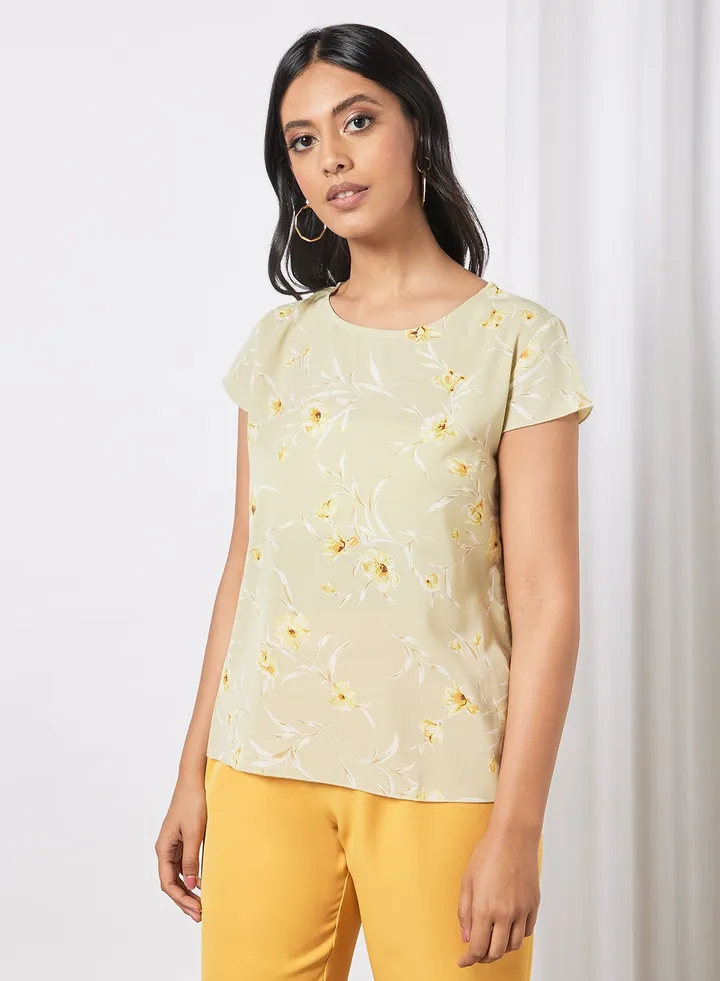 Women's Casual Floral Printed Sheer Cap Sleeves Top Beige