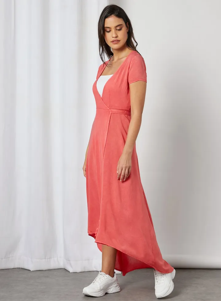 Wrap High-Low V-Neck Dress Coral