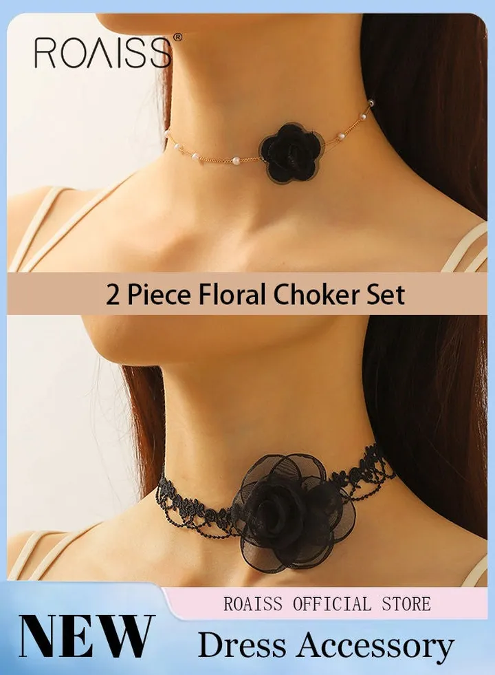2 Piece Set Flower Collar Choker Necklace Long Strap Tie Necklace Neck Chain Wedding Jewelry Gift for Women Teens Girls Lace Flower Choker Necklace Ribbon for Women Lace Necklace