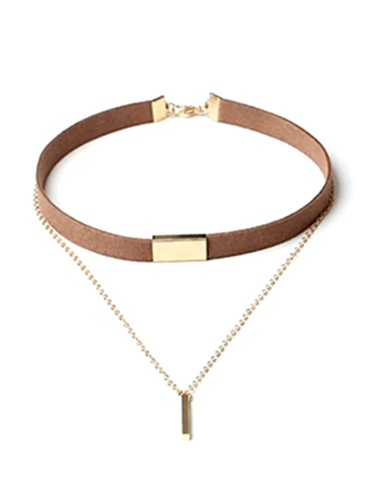 Faux Suede Polished Bar Pendant Choker Necklace