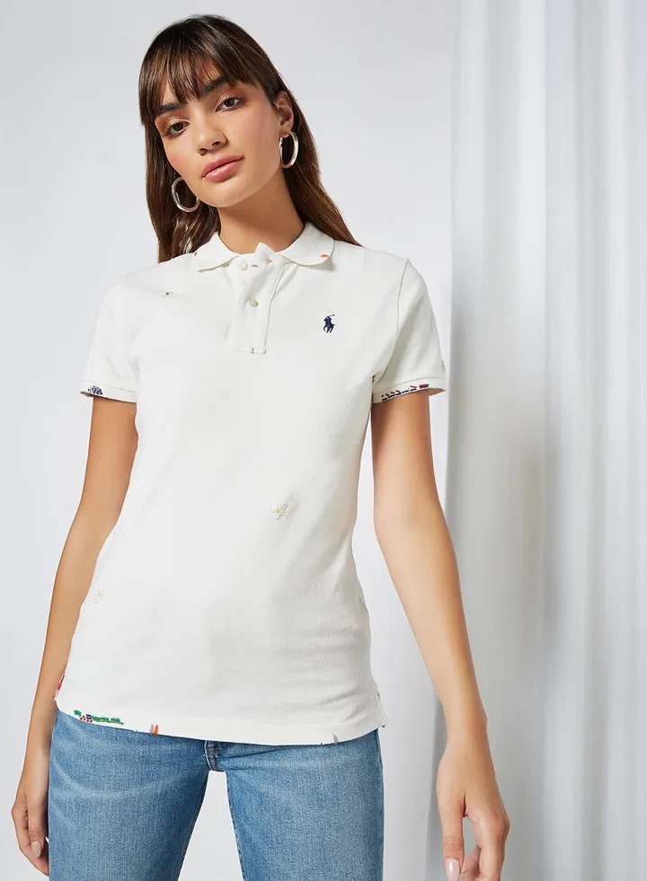 Skinny Fit Beaded Polo Deckwash White