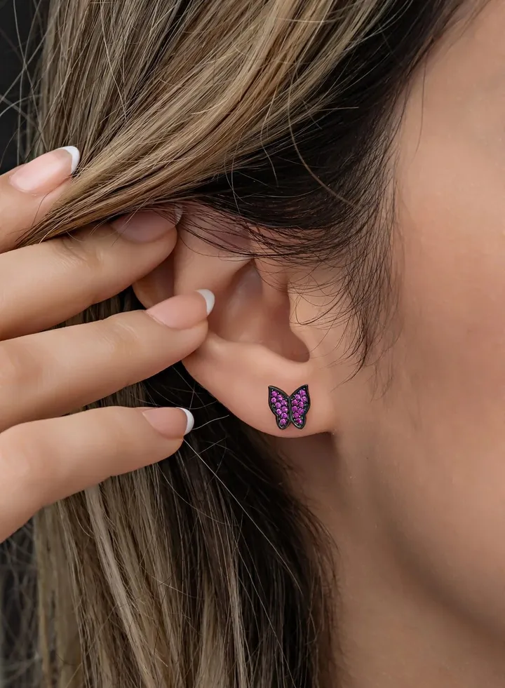 Purple Stone Butterfly Earrings - Silver