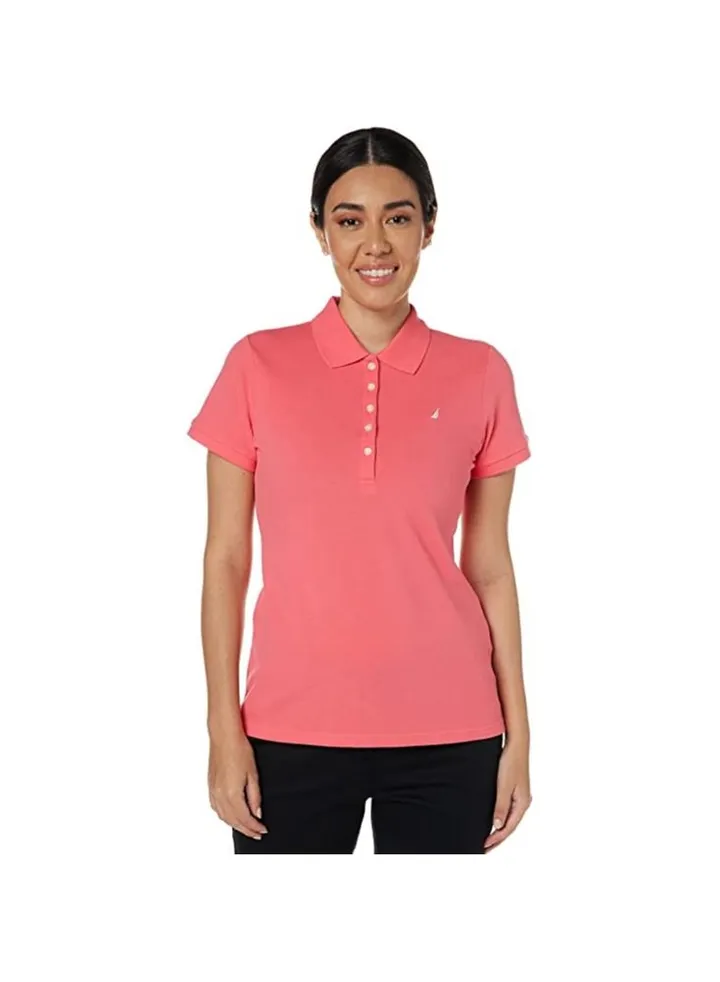 Nautica Women's 5-Button Short Sleeve Cotton Polo Shirt, Melon Pink, XL