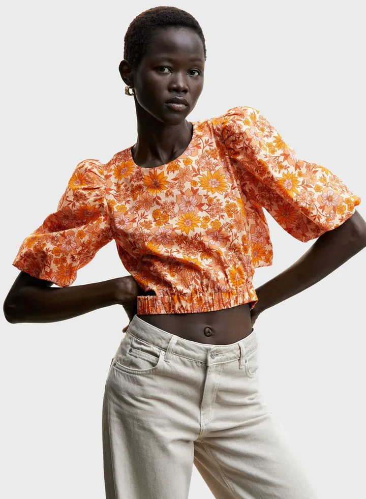 Floral Print Balloon Sleeve Top