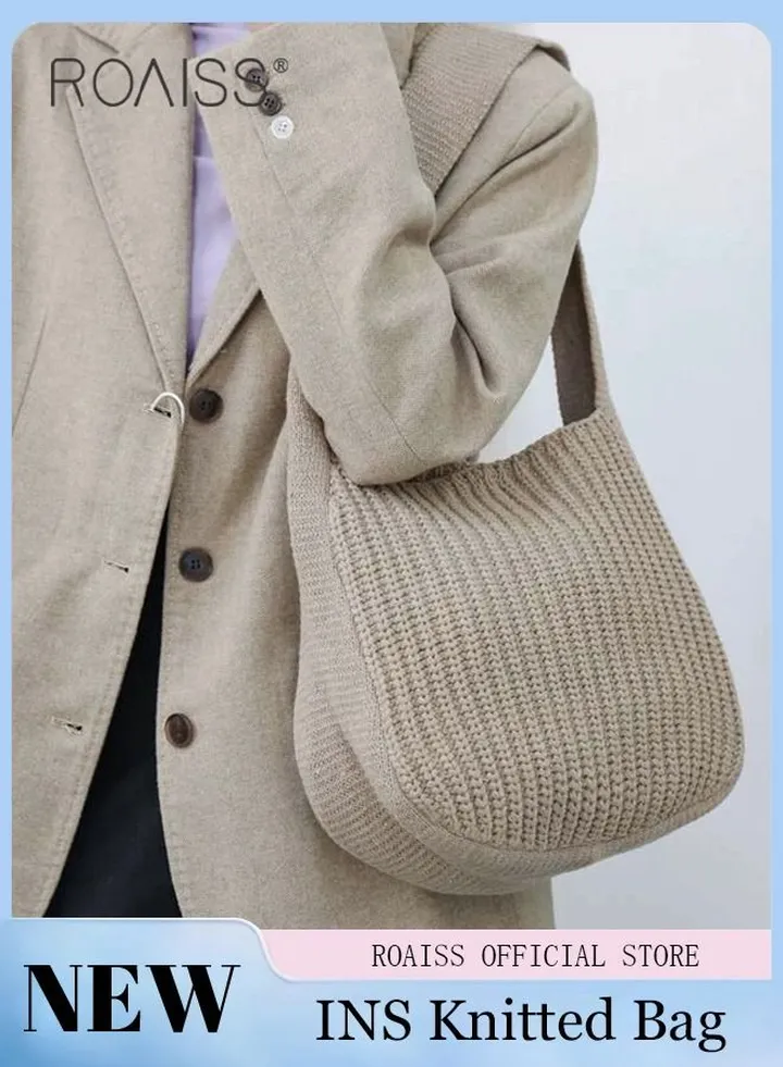 Women Knitting Bag Large Capacity Tote Bag Messenger Bag Shoulder Bag Solid Color