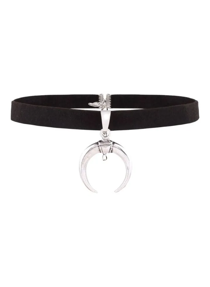 Leather Velvet Choker With Half Moon Designed Charm