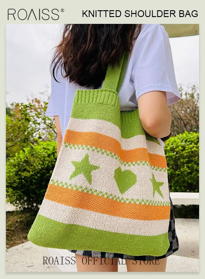 Ladies Crochet Bag Women Heart and Star Knitted Shoulder Bag Beach Handbags Aesthetic Tote Bag Hobo Crochet Bag