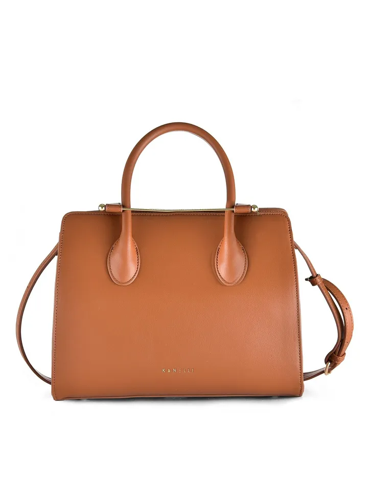 Kanelli leather hand bag large size with a unique closing method for women Brown