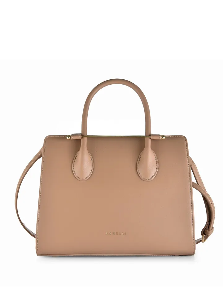Kanelli leather hand bag large size with a unique closing method for women Beige