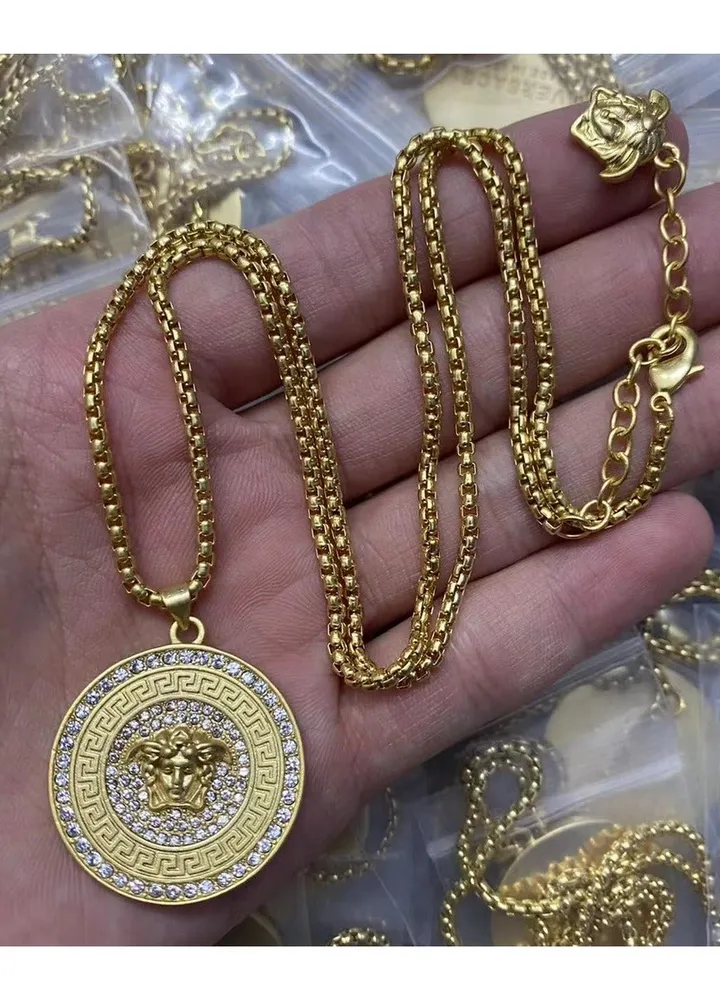 Versace Men's and Women's Cubic Zirconia Classic MEDUSA Round Pendant with Gold Necklace