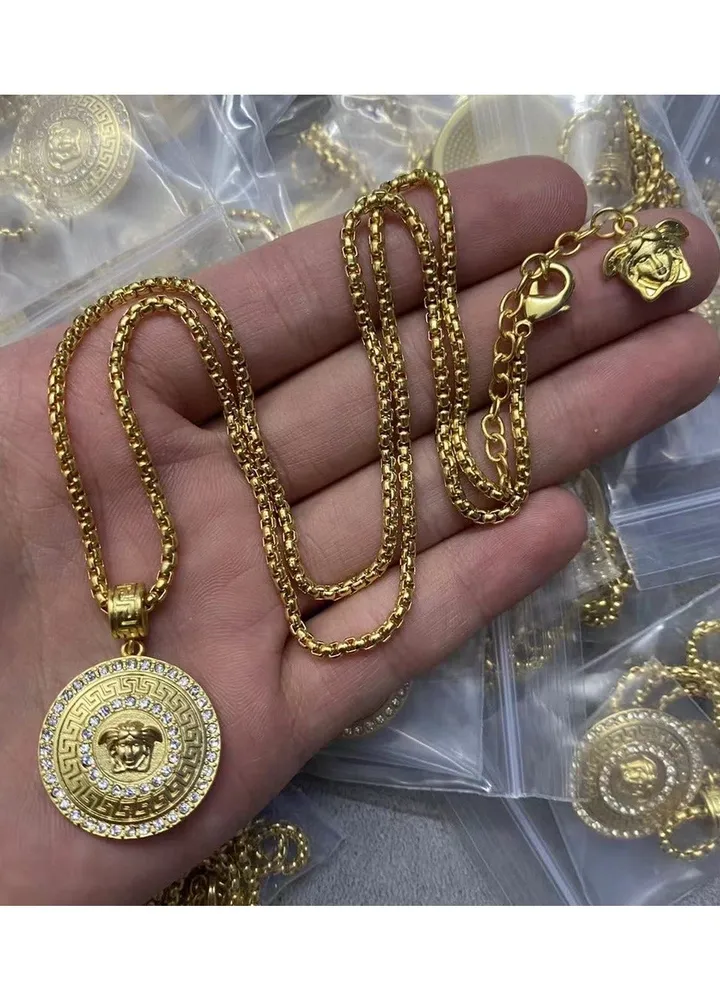 Versace Men's and Women's Cubic Zirconia Classic MEDUSA Round Pendant with Gold Necklace