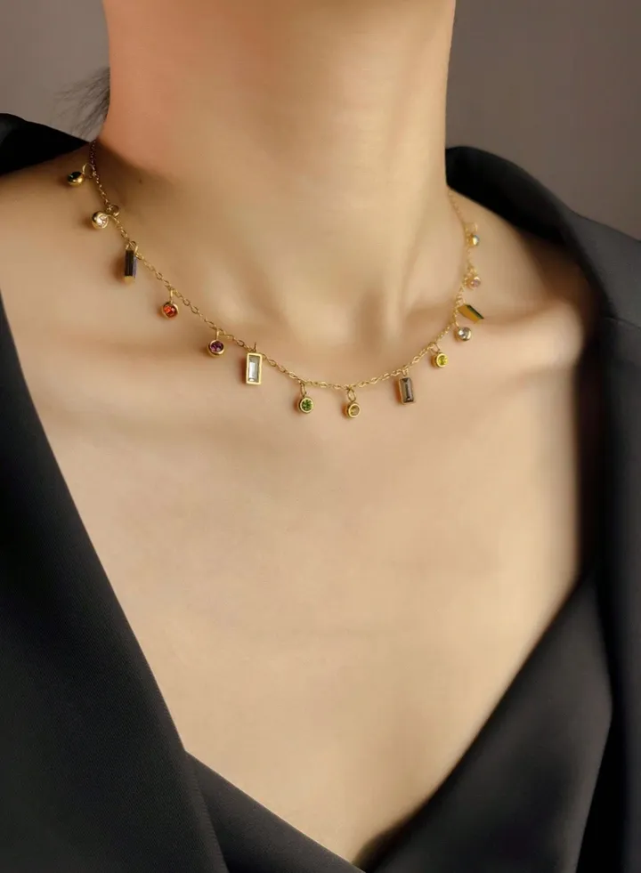 Stylish Stainless Steel Gold Plated Choker Necklace For Women Inlaid With Zirconia Pendants