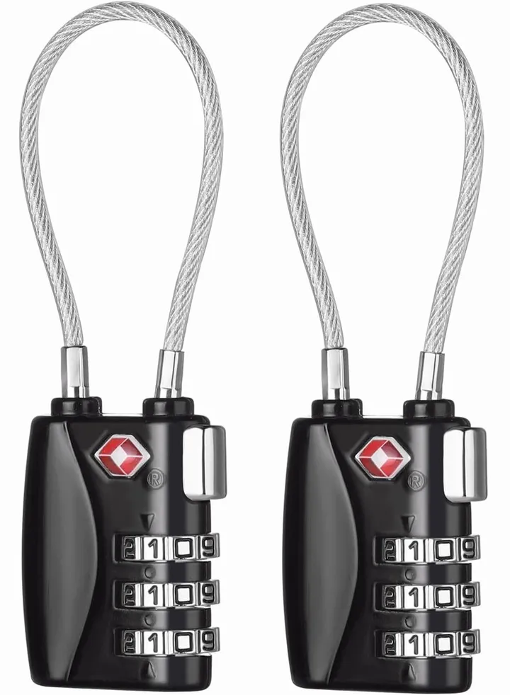 Luggage Padlocks TSA Approved, SYOSI Customs Lock, Mini Luggage Padlock, Flexible Cable Travel Locks, Coded Suitcase Lock, Small Gym Locker Padlock with 3 Digit Combination (Black, 2 Pack)