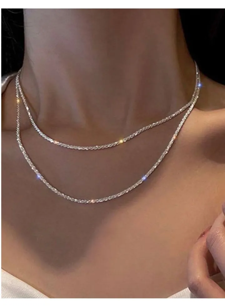 Elegant Silver Sparkling Layeres Necklace For Women