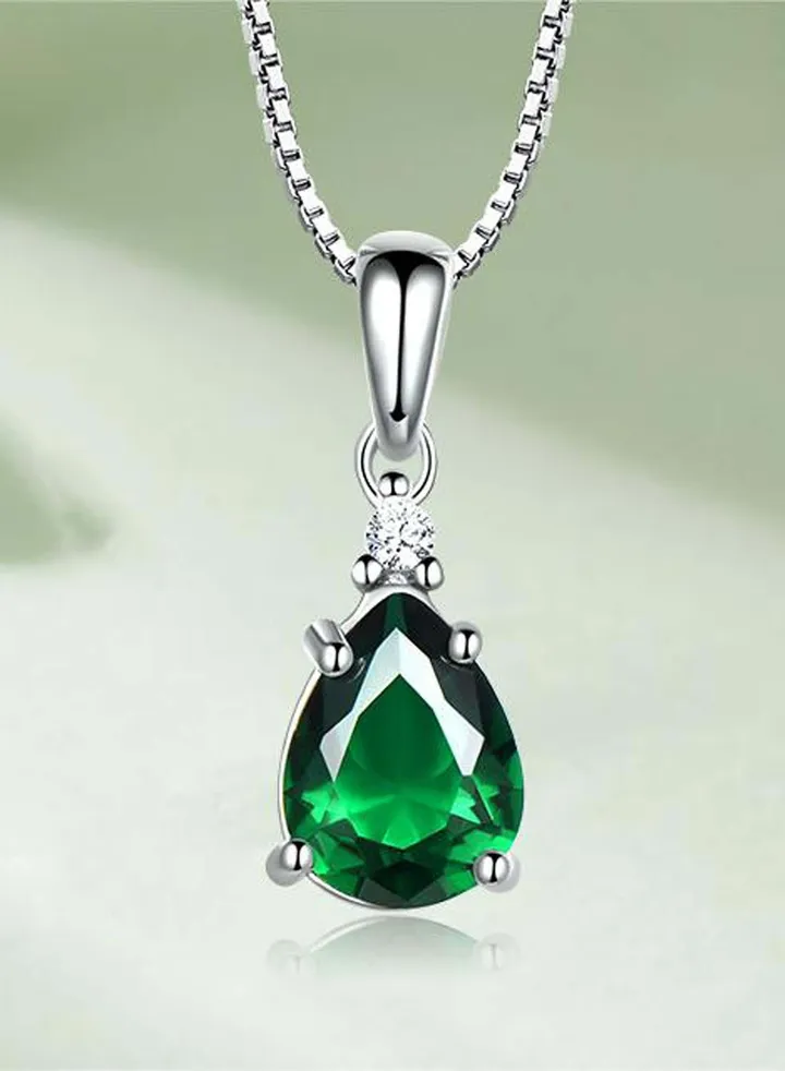 Crystal Teardrop Pendant Necklace for Women Girls 925 Sterling Silver Green Cubic Zirconia CZ Link Choker Chain