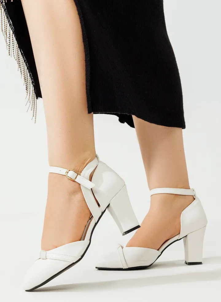 Shoes Heels Leather With Buckle F-13 - White