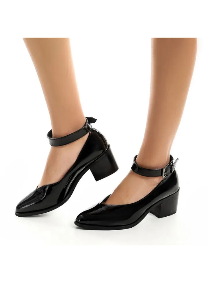 Buckle Closure Pointed Mid Heels Pumps Black