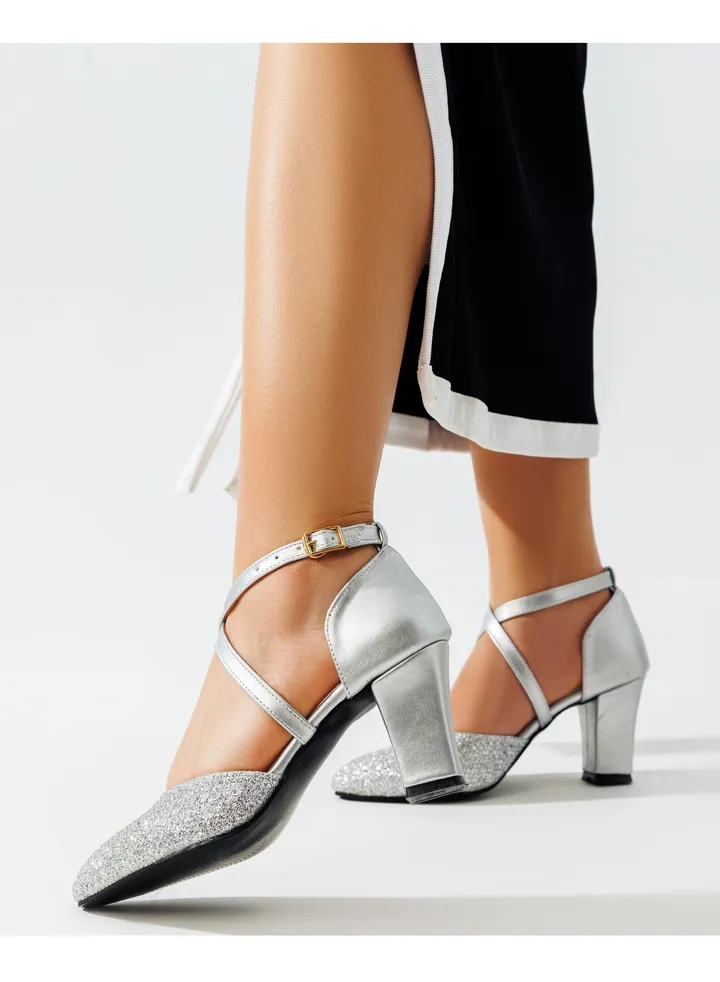 Shoes Heels Shiny Fabric With Buckle F-17 - Silver