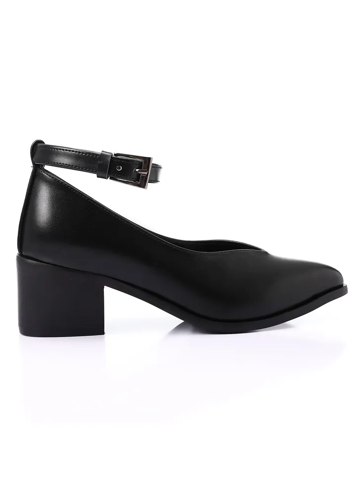 Pointed Toecap Buckle Closure Mid-Heel Pumps - Black