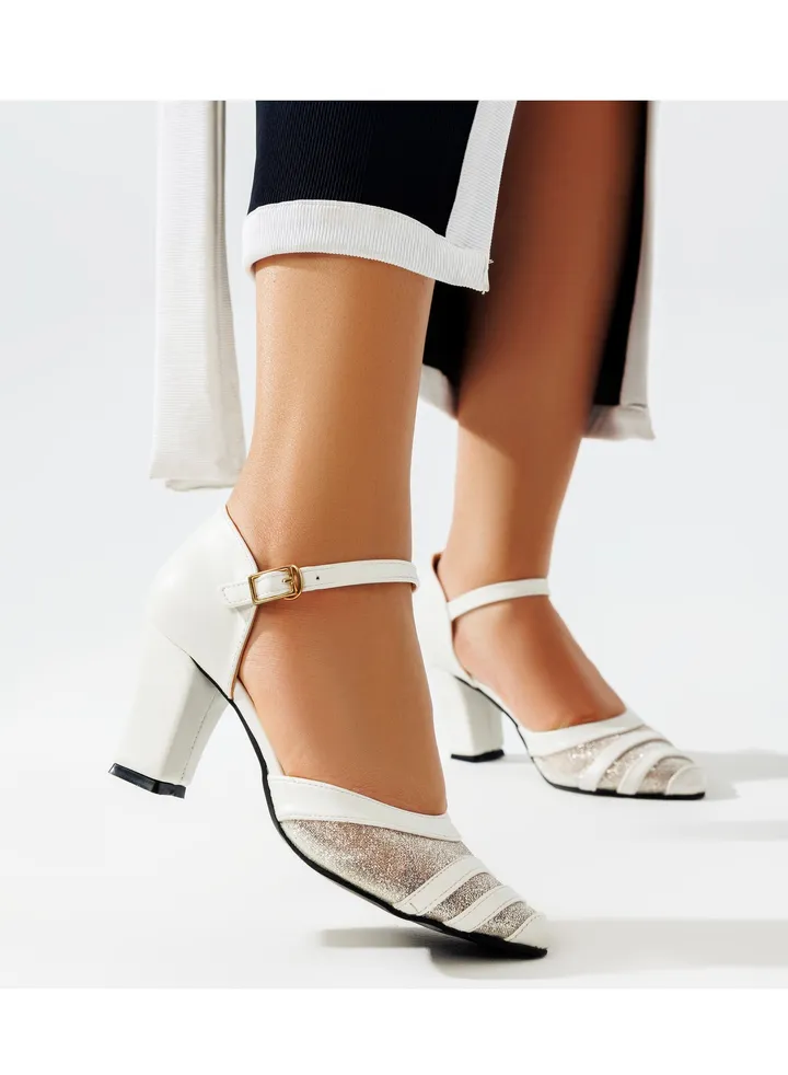 Shoes Heels Leather Crystal Shiny F-12 - White