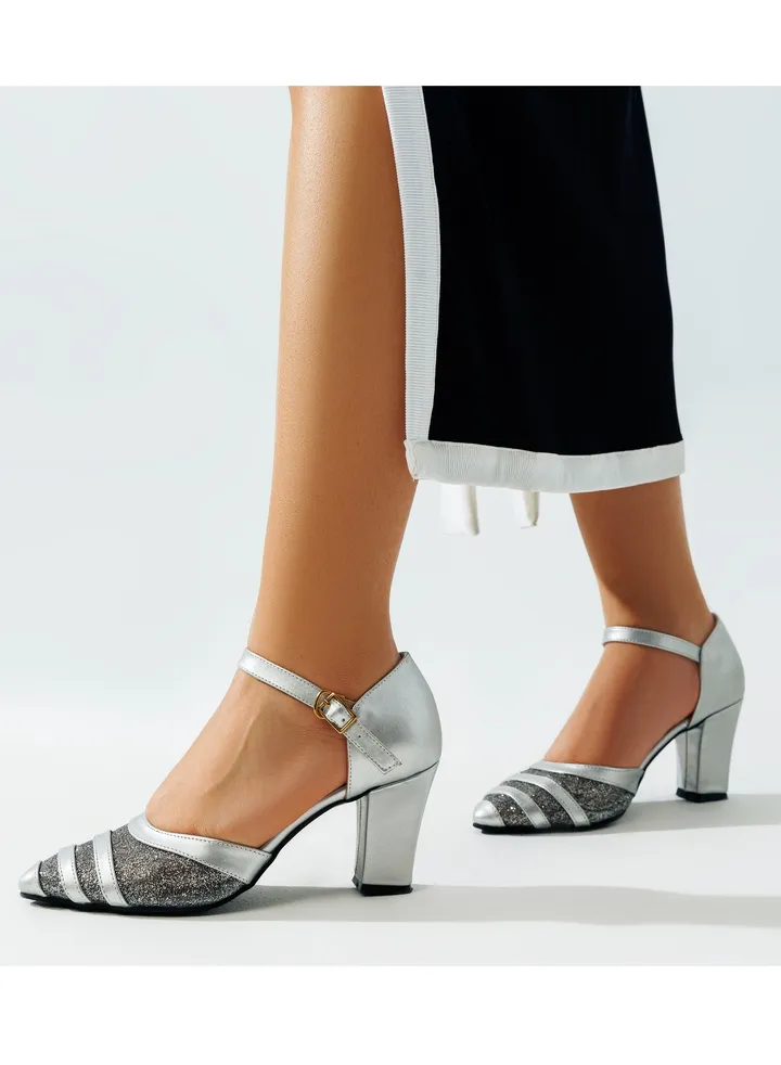 Shoes Heels Leather Crystal Shiny F-12 - Silver
