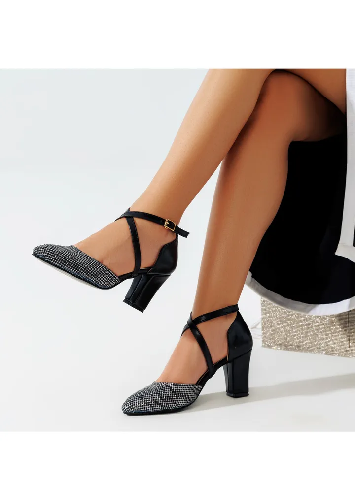 Shoes Heels Shiny Fabric With Buckle F-17 - Black