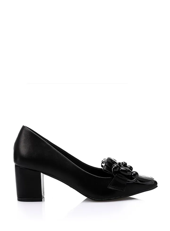 Women's front fringe block heeled pumps