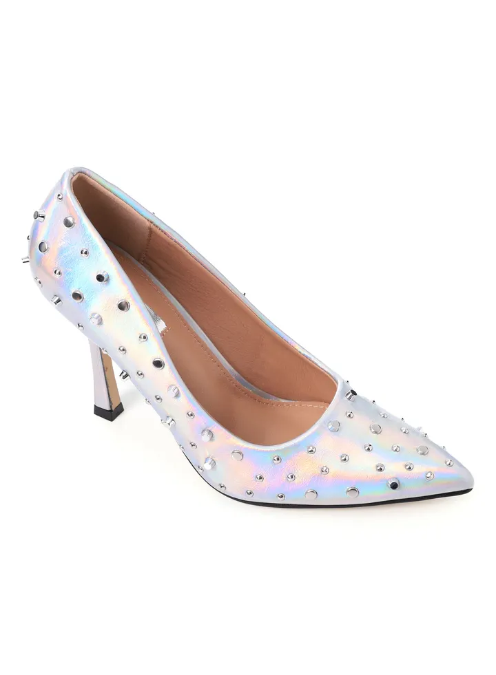Slip On Studded Allover Statement Heels - Metalic Silver