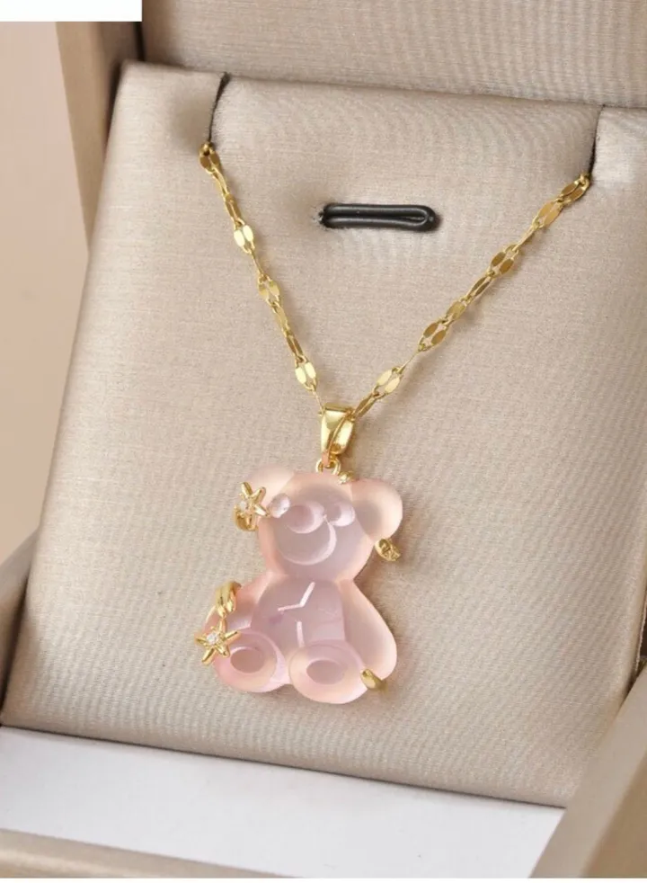 Elegant Stainless Steel Gold Plated Necklace With Bear Pendant