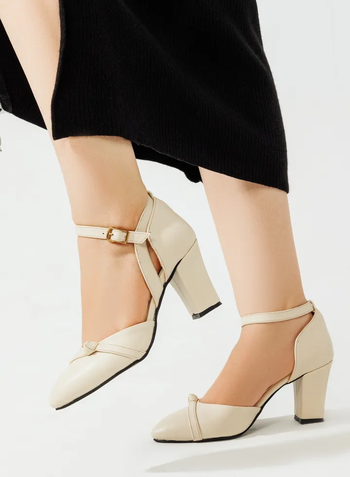 Shoes Heels Leather With Buckle F-13 - Beige