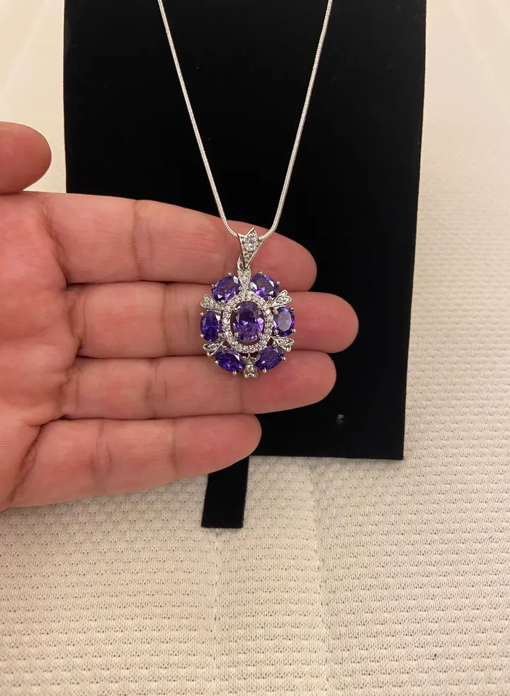 Natural Amethyst Necklace Pendant Cubic Zircon 16" For Women