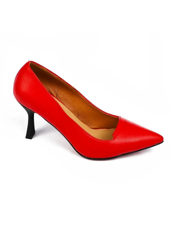 Genuine Leather Pointed Slip On Mid Heel Pumps Red