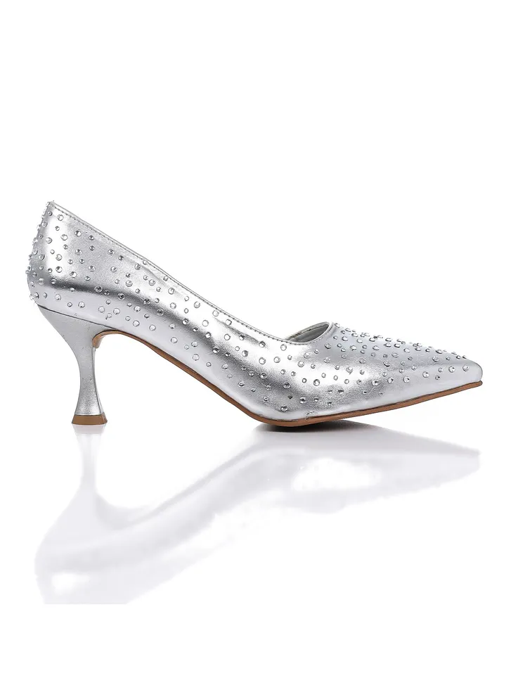 Strassed Allover Pointed Toecap Silver Pumps