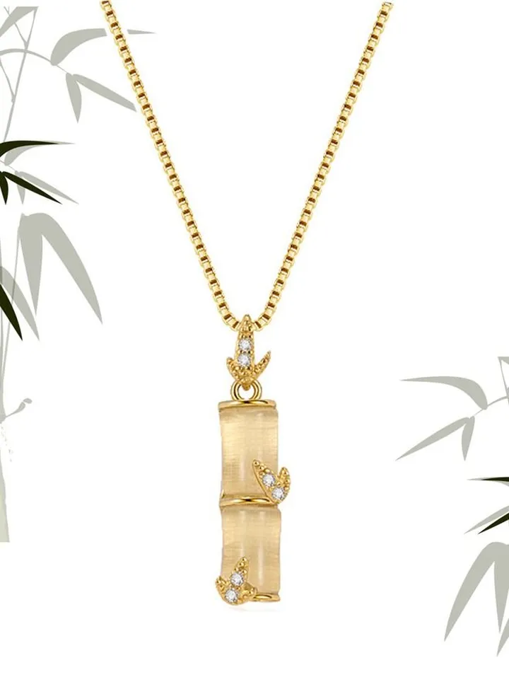 S925 Silver Necklace Nephrite Jade Pendant Bamboo Shape Yellow