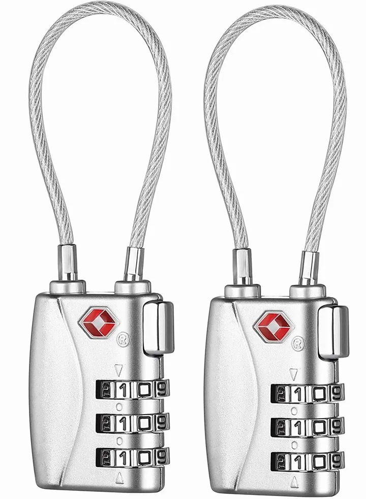 Luggage Padlocks TSA Approved, SYOSI Customs Lock, Mini Luggage Padlock, Flexible Cable Travel Locks, Coded Suitcase Lock, Small Gym Locker Padlock with 3 Digit Combination (Silver, 2 Pack)