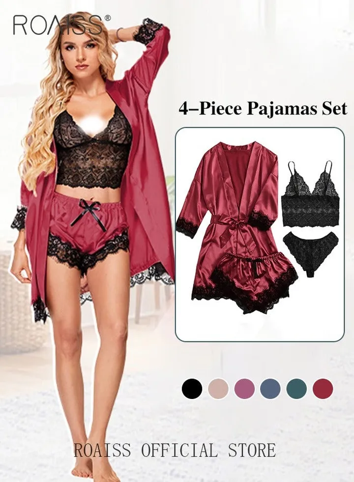 4 Pack Women's Nightwear Set Silk Satin Sleepwear Pajama Summer Home Wearing Clothes Suits Embroidered Breathable Ladies Lingerie Robe Nightdress Underwear Panties
