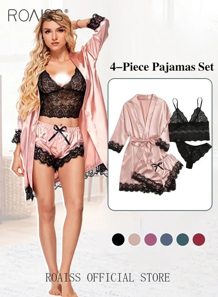 4 Pack Women's Nightwear Set Silk Satin Sleepwear Pajama Summer Home Wearing Clothes Suits Embroidered Breathable Ladies Lingerie Robe Nightdress Underwear Panties