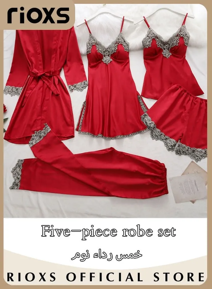 Women's 5 Pcs Pajama Sets Cami Top Nightgown Lace Sleepwear Dress Robe Pants Sets Soft Loungewear Pajamas Sets