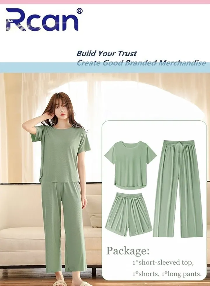 3 Piece Women's Ice Silk Thread Pajamas Stripes Traceless Round Neck Short Sleeves Sleepwear Home Elastic T-Shirt Top and Pants Set for Summer