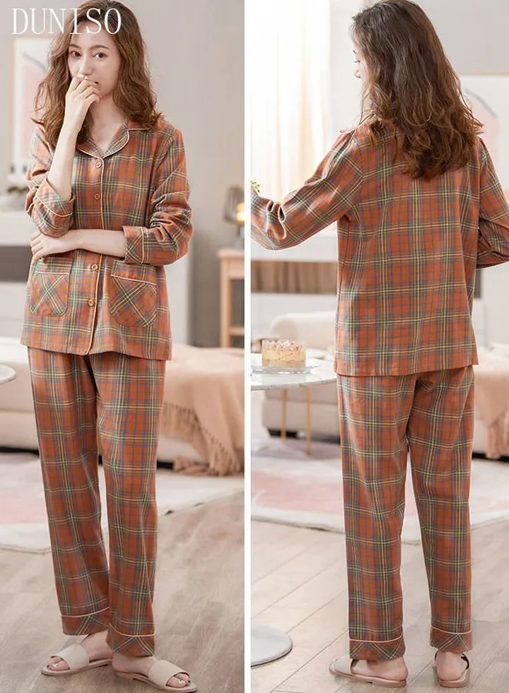2- Piece Women's Soft Pajamas Set Long Sleeve Cotton Pajama Set with Plaid Print Sleepwear Loungewear Button-Down Night Suit Pajama Sets Spring and Autumn Night Wear