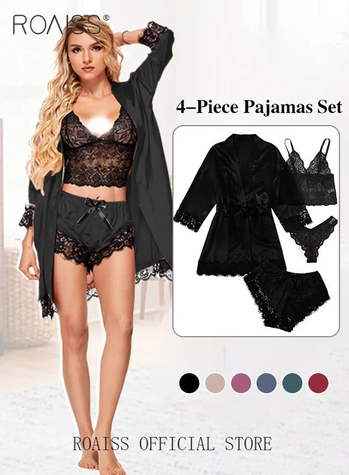 4 Pack Women's Nightwear Sets Silk Satin Sleepwear Pajama Summer Home Wearing Clothes Suits Embroidered Breathable Ladies Lingerie Robe Nightdress Underwear Panties Black