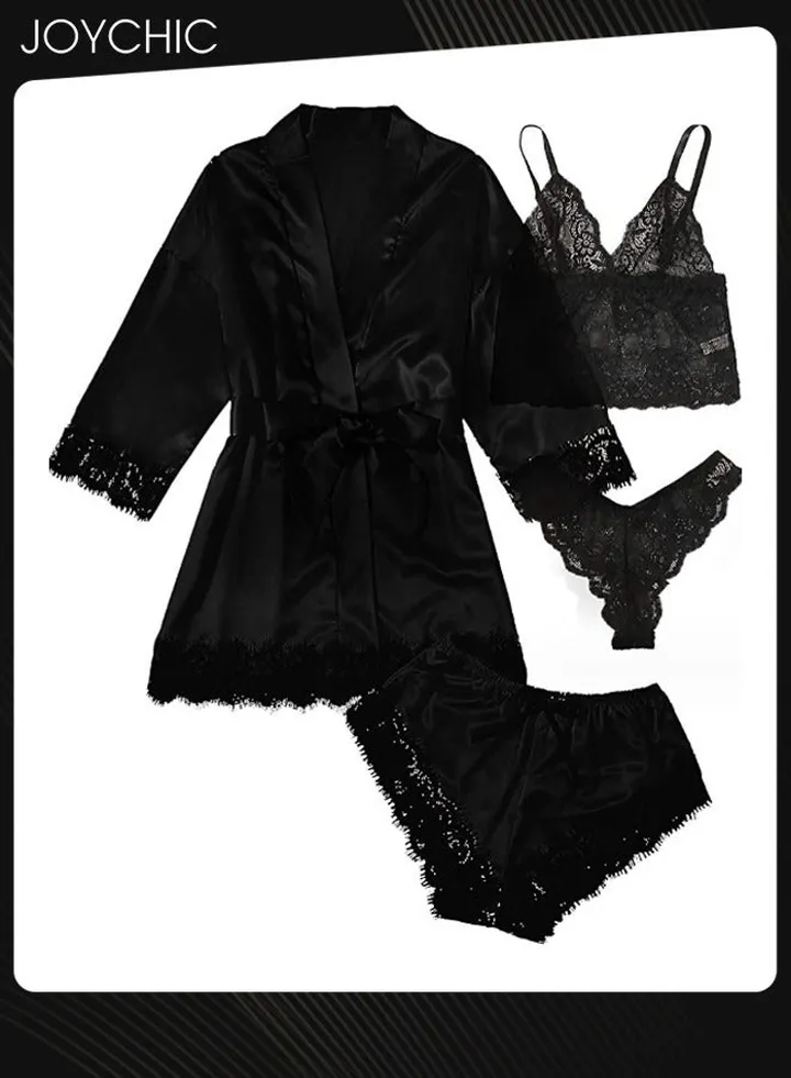 4-piece Romatic Women's Nightwear Sets Silk Satin Nightgown Spring and Summer Breathable Ladies Lace V-neck Pajamas Black