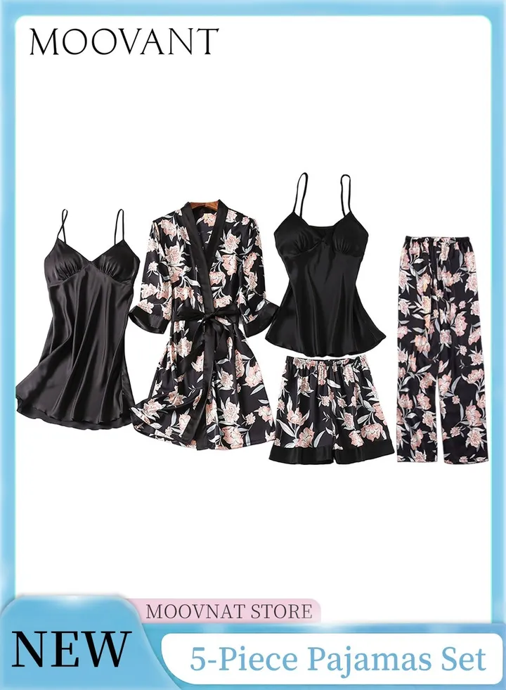 5-Piece Printed Pajamas Set Home Wear Fashion Luxury Comfortable Sweet Sleepwear Floral Robe Camisole Nightdress Shorts Pants Set for Women Black
