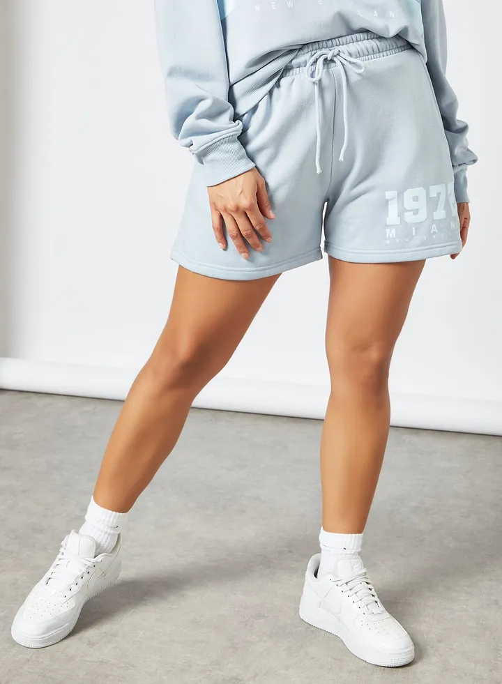 Casual Slogan Print Shorts Blue