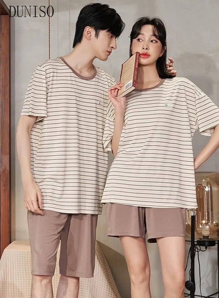 Couples Pajamas Set Cotton Sleepwear 2 Piece Short Sleeve Sleepwear For Men and Women Summer Pajama Set Nightwear Loungewear Pajama Sets for Boyfriend Girlfriend Husband and Wife