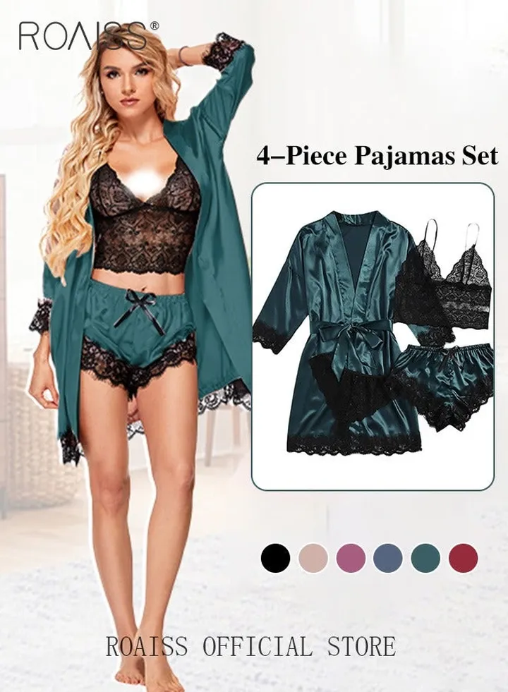 4 Pack Women's Nightwear Set Silk Satin Sleepwear Pajama Summer Home Wearing Clothes Suits Embroidered Breathable Ladies Lingerie Robe Nightdress Underwear Panties