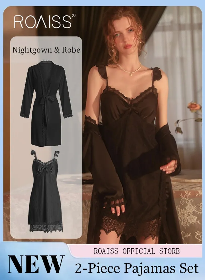 2 Piece Nightgown Set Women Sweet Nightdress Lace Lingerie Sleepwear Home Dress Set Romantic Elegant Pajamas Ladies Spring Autumn Robe Loungewear