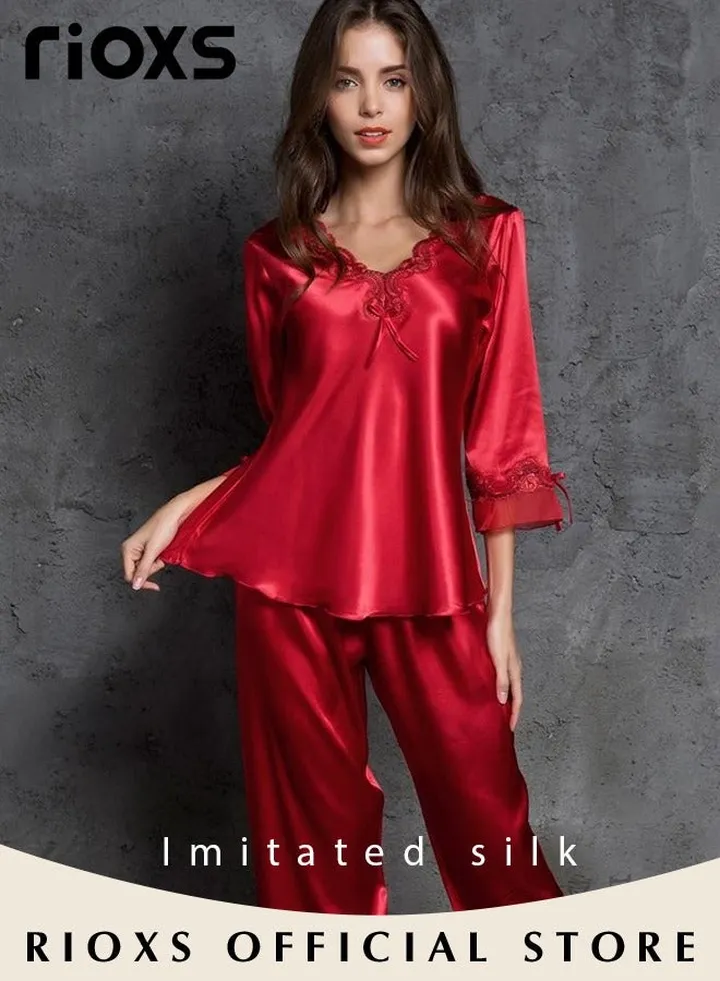 Women's Silk Pajamas Set 2 Piece Sleepwear Sets Long Sleeve Top And Pants Lingerie Loungewear Sets