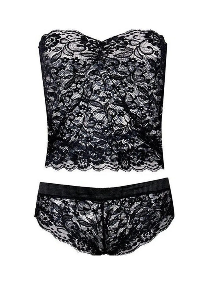Women's Lace Corset Push Up Vest Top Bra + Pants Sleepwear Suit Black